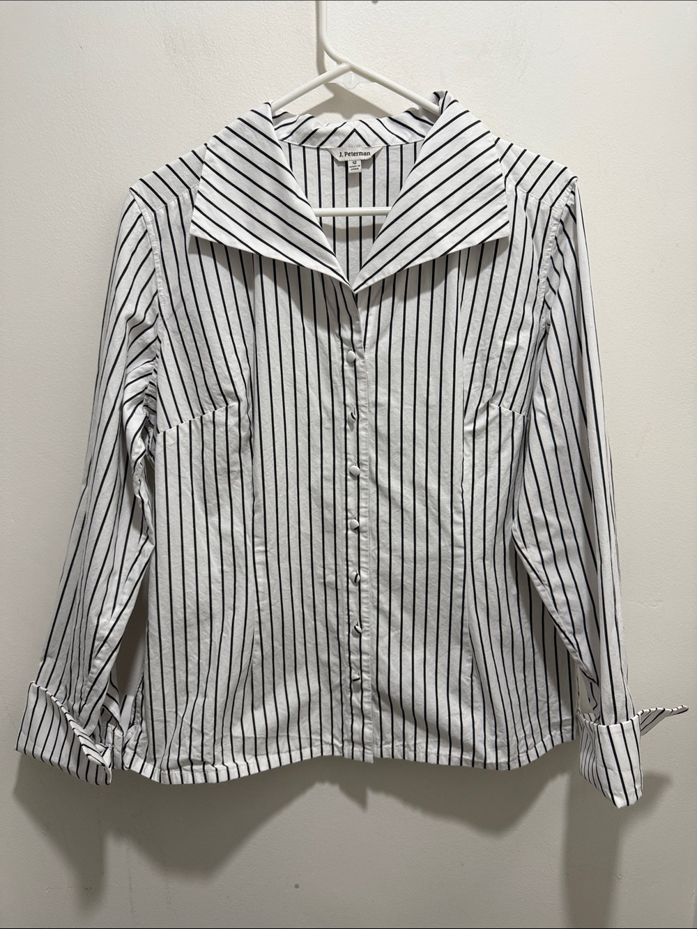 J. Peterman Women’s White Black Pinstripe Button Front Blouse Size 12
